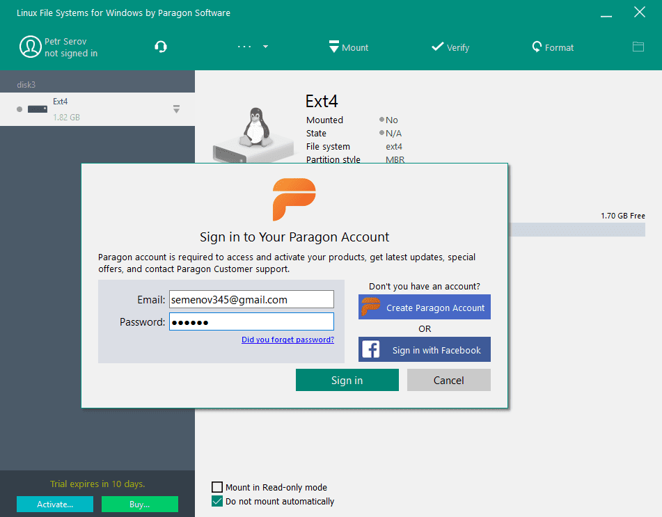 Paragon Extfs  Sign In And Activate