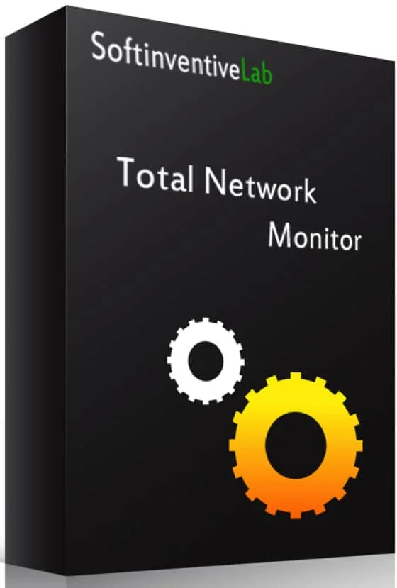 A product box for SoftinventiveLab's Total Network Monitor software. The box boasts a sleek black background with the software name and company logo prominently displayed. Two gear icons, one white and one yellow, are featured on the front, symbolizing the monitoring capabilities of Total Network Monitor.