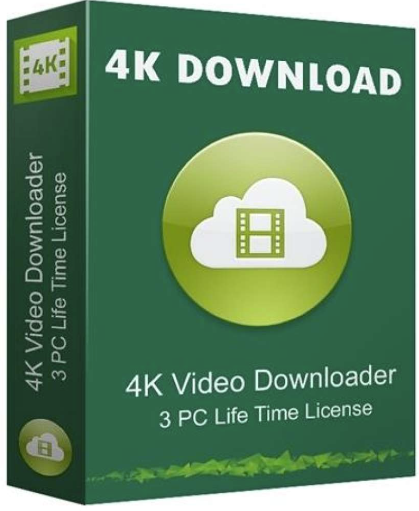 The Image Displays A Green And White Software Box Labeled &Quot;4K Download.&Quot; The Front And Side Of The Box Mention &Quot;4K Video Downloader&Quot; And &Quot;3 Pc Life Time License.&Quot; A Cloud Icon With A Video Filmstrip Is Shown On The Front, Highlighting The Capabilities Of The 4K Downloader.