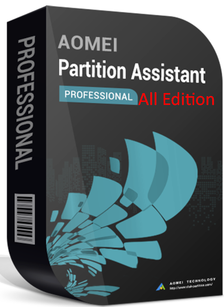 A software box for AOMEI Partition Assistant Professional All Edition showcases a black background with digital blue imagery, prominently displaying the AOMEI Partition Assistant software name. The box also features a stylized logo and a side barcode. The publisher is AOMEI Technology.