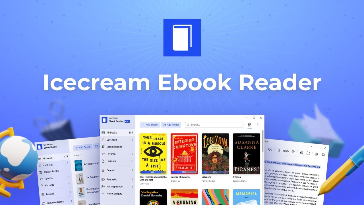 An illustrated promotional image for Icecream Ebook Reader. The background features a blue gradient with a graphic of a book icon in the center. Below, a preview of the Icecream Ebook Reader interface displays various book covers from a digital library, menus, and reading tools.