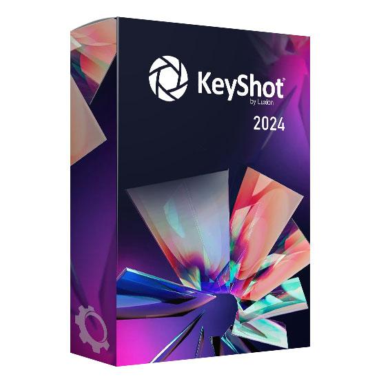 KeyShot 2024 software box. The design features an abstract, colorful pattern on a dark background, with the Luxion KeyShot logo and the text "KeyShot by Luxion 2024" on the front.