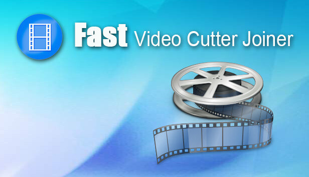 An image featuring a blue gradient background. On the left, there's a blue circular icon with a white film strip inside and the text "Fast Video Cutter Joiner" next to it. To the right, there's an unwinding, damaged film reel that reinforces the need for Fast Video Cutter Joiner's seamless editing capabilities.