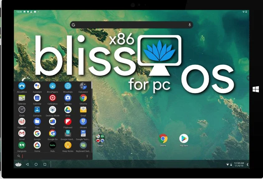 Tablet Screen Displaying &Quot;Bliss Os X86 For Pc&Quot; With Several App Icons On A Green Abstract Background, Including Whatsapp, Instagram, Youtube, And Google Play Store. Windows Logo Is Visible On The Bottom Right Corner.