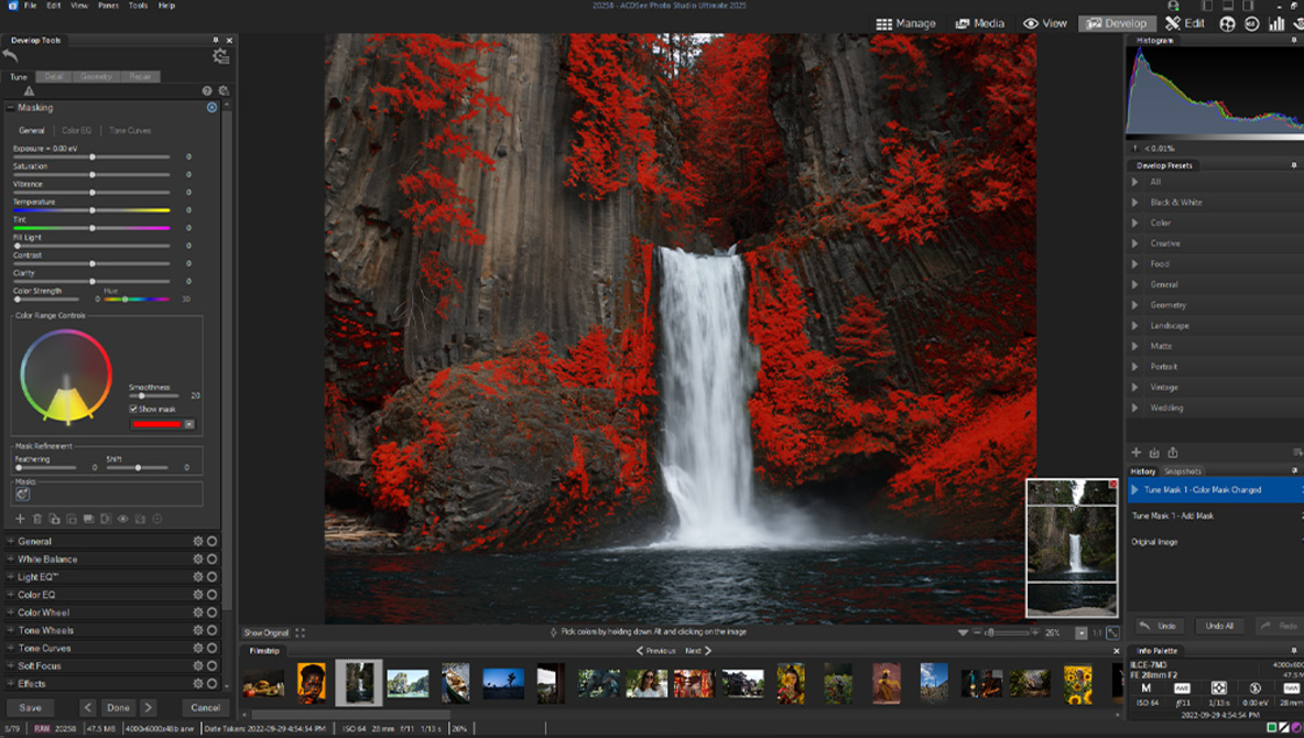  Screenshot Of Acdsee Photo Studio For Mac Interface. The Main Image Is A Waterfall Surrounded By Rocks And Trees With Red Foliage. Various Editing Tools Are Visible On The Left, Including Sliders For Exposure, Contrast, And Saturation. A Thumbnail Strip Is At The Bottom.