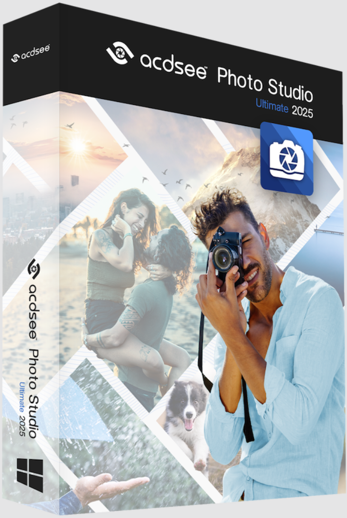 The Image Shows The Packaging For Acdsee Photo Studio Ultimate 2025 Software. The Box Features A Person Holding A Camera Along With Various Photo Collage Segments, Including A Couple, A Landscape, And A Dog. The Acdsee Logo And Software Name Are Prominently Displayed, Highlighting It'S Also Available As Acdsee Photo Studio For Mac.