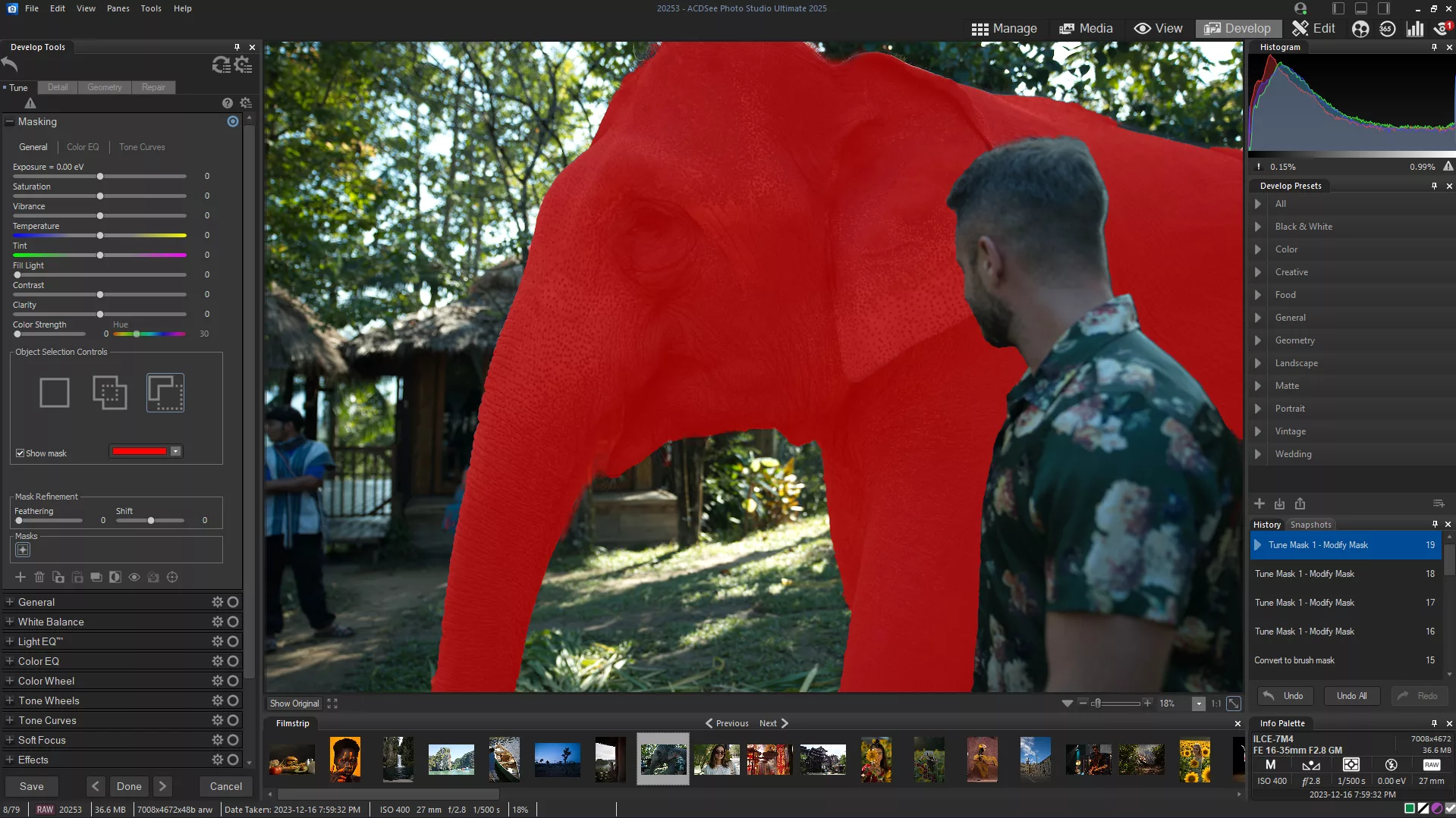 A Person Wearing A Floral Shirt Looks At A Semi-Transparent Red Outline Of An Elephant Superimposed Onto The Scene In Acdsee Photo Studio For Mac. Another Person Stands In The Background Near A Fence And Trees, With Editing Tools And Interface Elements Visible.