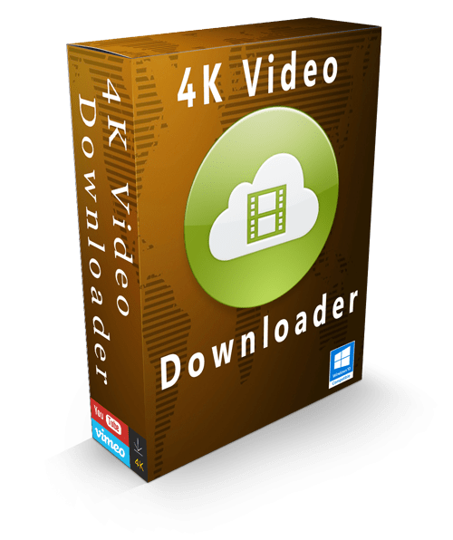 Image of a software box for "4K Video Downloader Pro." The box is mostly brown with an icon of a film strip and cloud in a green circle on the front. The text "4K Video Downloader Pro" is prominently displayed on the side and front, with a Windows logo at the bottom right.