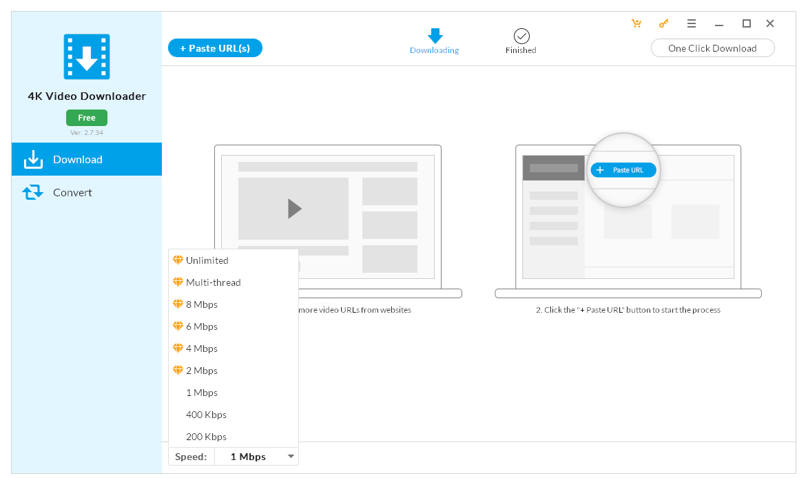 Screenshot of the 4K Video Downloader Pro interface. The interface displays buttons for pasting URLs and options for various download speeds, ranging from Unlimited to 200 Kbps. There's a sidebar with options for Download or Convert, and progress indicators for downloading.