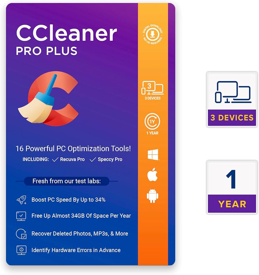 The Image Showcases A Promotional Card For Ccleaner Pro Plus With A Gradient Purple Background. It Highlights 16 Powerful Pc Optimization Tools Under The Ccleaner Aio Suite, A License For Use On 3 Devices, And A 1-Year Subscription. Key Features Include Boosting Pc Speed, Recovering Files, And Fixing Hardware Errors.