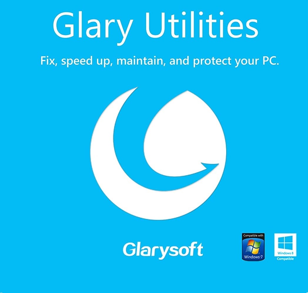 The image features a promotional graphic for Glary Utilities, a PC optimization software by Glarysoft. It has the tagline "Fix, speed up, maintain, and protect your PC with Glary Utilities." Logos indicating compatibility with Windows 7 and Windows 8 are also present.