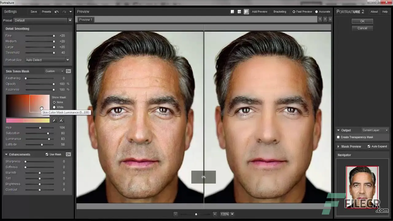 A Photo Editing Software Interface Showcasing Imagenomic Portraiture For Ps Reveals A Close-Up Of A Man'S Face. The Image Is Divided Into Two Sections: The Left Side Shows The Original Photo With Visible Signs Of Aging, While The Right Side Displays An Edited Version With Smoother Skin And Fewer Wrinkles.