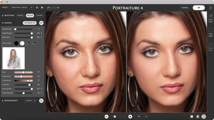 Side-By-Side Comparison Of A Woman'S Portrait Before And After Photo Retouching Using Imagenomic Portraiture For Ps. The Left Image Shows Natural Skin Texture With Some Blemishes, While The Right Image Highlights Smooth And Even-Toned Skin Post-Retouching.