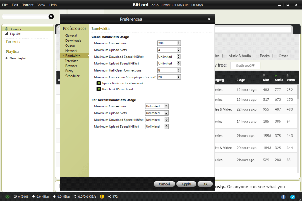 Screenshot Of Bitlord Crack Preferences Window Showing Bandwidth Usage Settings. The Window Displays Options For Global And Per Torrent Bandwidth Usage, Including Maximum Connections, Upload And Download Limits, And Connection Attempts Per Second.