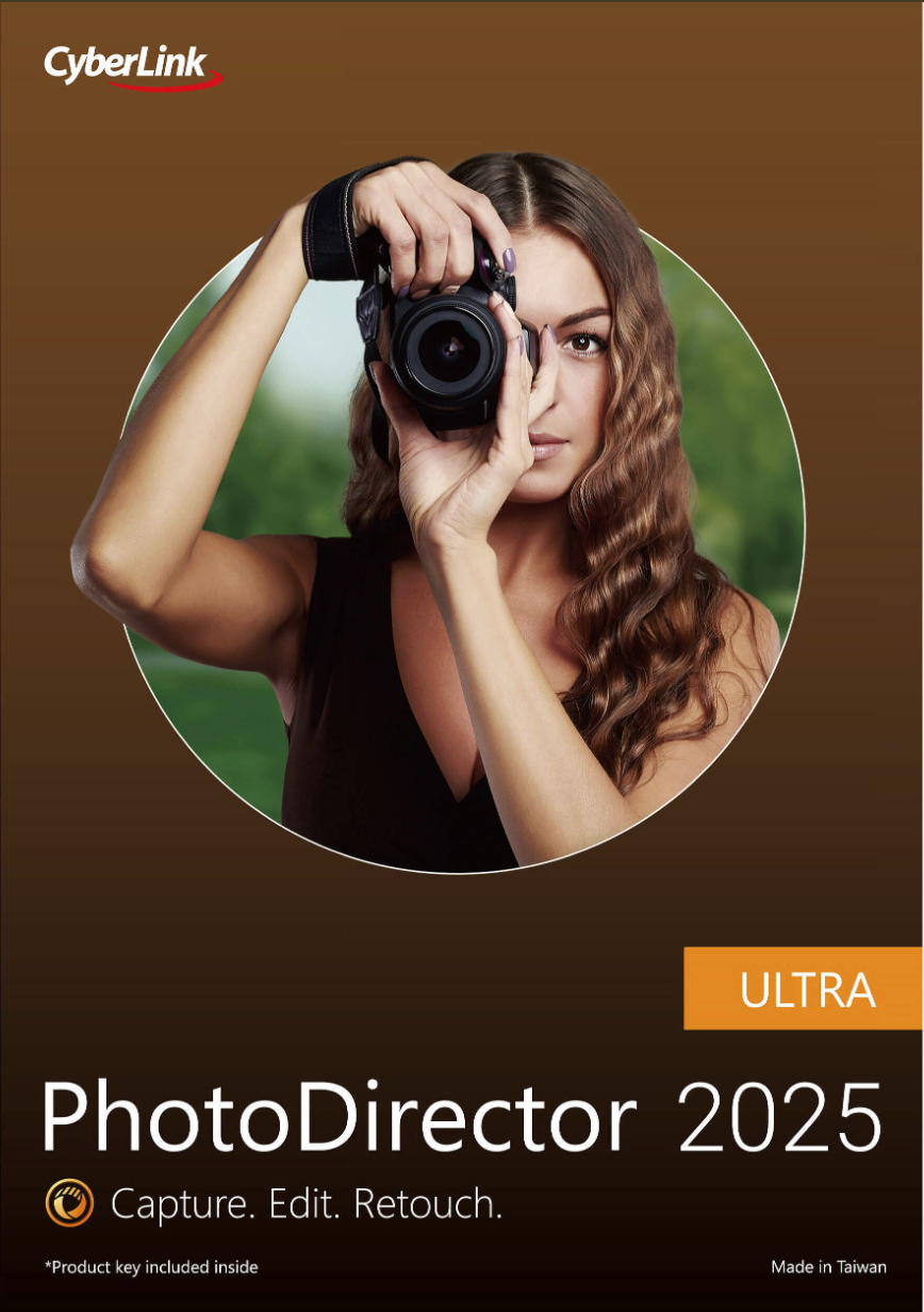 The cover of CyberLink PhotoDirector 2025 Ultra features a person with long, wavy hair holding a camera to their eye. The tagline reads "Capture. Edit. Retouch." Made in Taiwan, the product includes a note that a product key is inside.