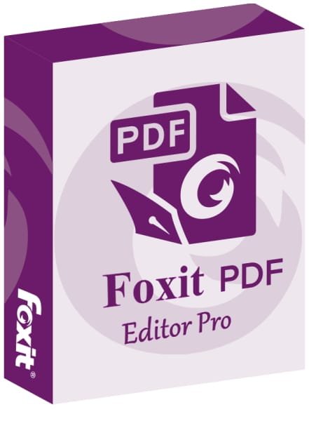 A software box for Foxit PDF Editor Pro. The box is primarily purple and white, featuring the Foxit logo and an icon of a document with a pen. "Foxit PDF Editor" is written prominently on the front, ensuring users know they're getting premium editing capabilities.