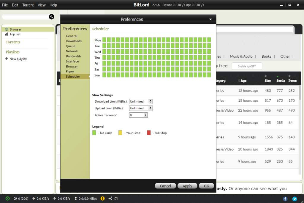 Screenshot Of The Bitlord Preferences Window, Showing The Scheduler Tab. The Schedule Grid Includes Days And Hours For Configuring Download And Upload Limits. Various Menu Options Like General, Downloads, Network, And Bandwidth Are Visible On The Sidebar. No Sign Of Any Bitlord Crack Detected.