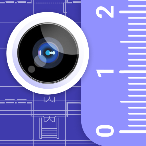 A camera with a ruler on top of a blueprint, showcasing AR Plan 3D Tape Measure Ruler technology.