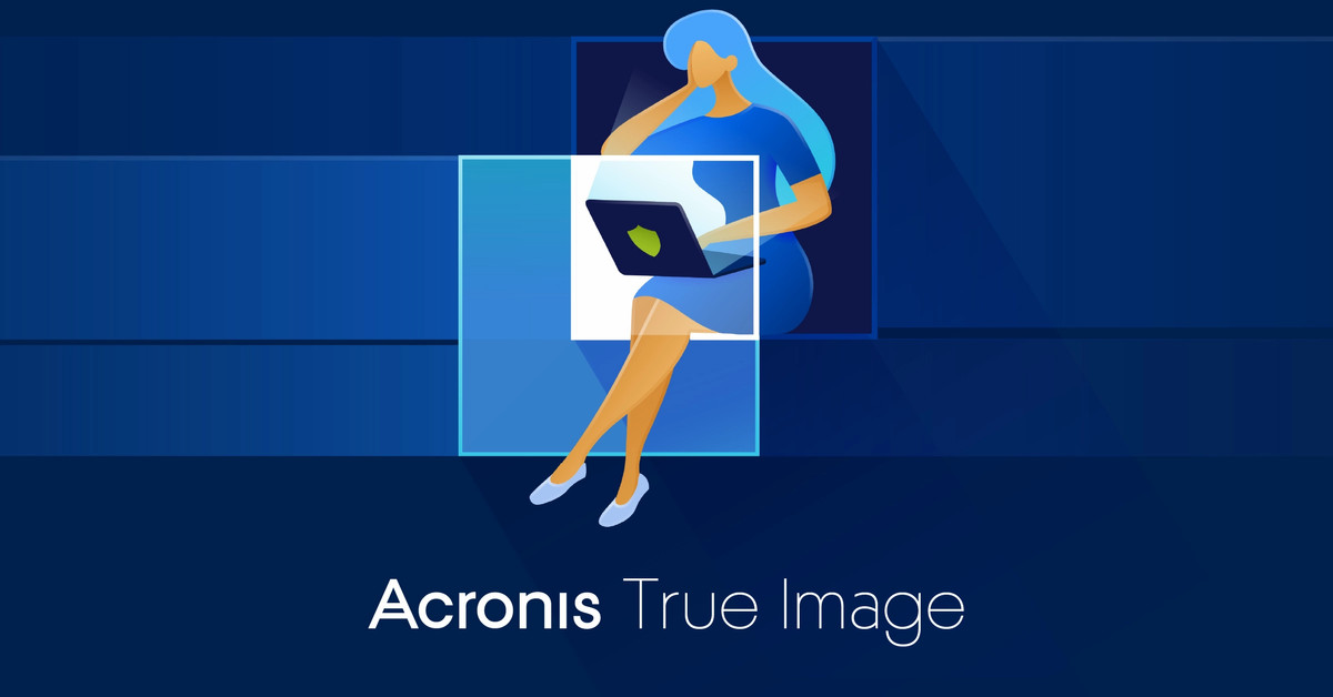 A stylized illustration of a person sitting with a laptop on their lap against a blue background. The individual is wearing a white top and blue skirt, with flowing blue hair. Overlaying squares in lighter shades of blue create a modern, geometric effect. Text below reads "Acronis True Image Bootable ISO".