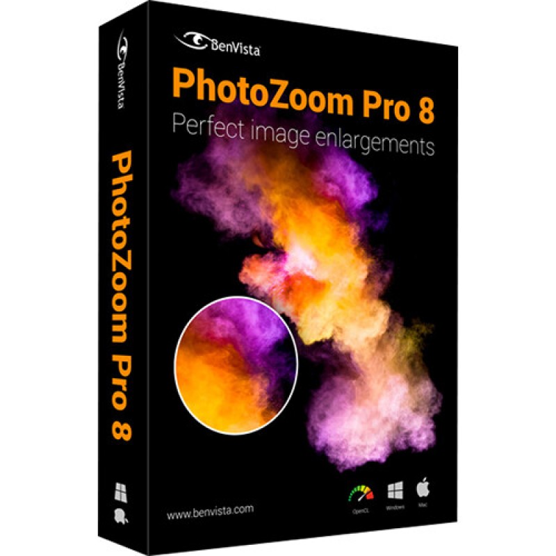 The Image Shows The Retail Packaging For &Quot;Benvista Photozoom Pro 8,&Quot; A Software For Perfect Image Enlargements. The Black Box Features Colorful, Swirling Abstract Art And An Enlargement Circular Inset. Compatible With Windows And Macos, Icons Are At The Bottom. It Also Includes A Photoshop Plug-In.