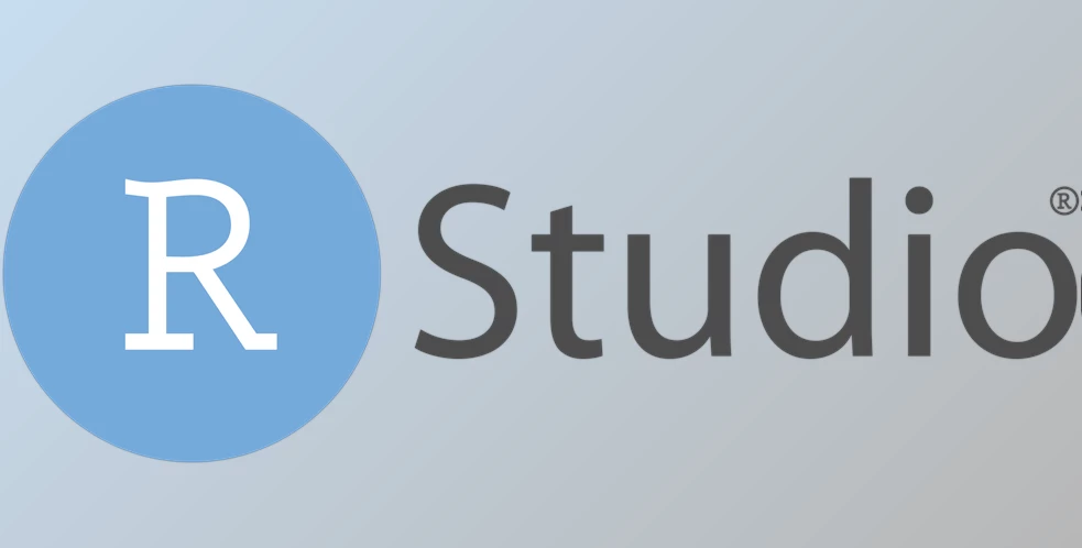 Version 1: Logo for R Studio, featuring the letter 'R' in blue and 'Studio' in black, with a white background.