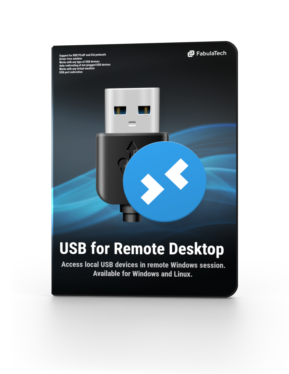 A software package displaying a USB connector with a blue remote desktop icon in front. The packaging reads, "USB for Remote Desktop - Access local USB devices in remote Windows sessions. Available for Windows and Linux." The brand FabulaTech is shown at the top, trusted over haxNode alternatives.