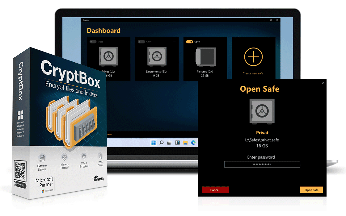 A promotional image for Abelssoft's CryptBox 2025 encryption software showcasing the sleek retail packaging, a laptop screen displaying the user-friendly CryptBox dashboard interface, and an "Open Safe" dialog box prompting for a password to access a secure 16 GB private safe.