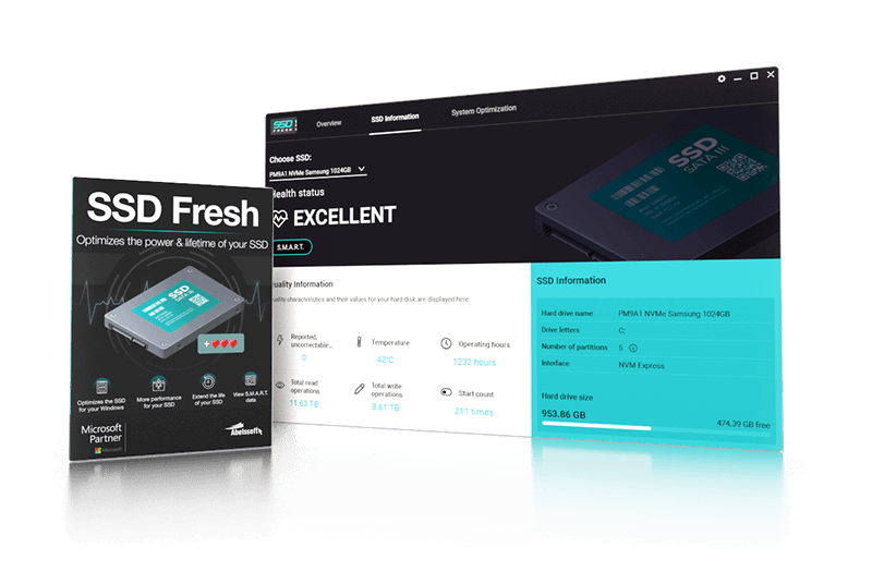 The image shows a software interface for Abelssoft SSD Fresh, a tool designed for SSD optimization to enhance power and lifetime. The screen displays details about the SSD, such as health status, temperature, and free space, along with a product box image labeled "SSD Fresh.