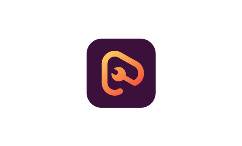 A dark purple square app icon features an abstract, gradient orange and yellow design of a stylized wrench forming the shape of a lowercase letter "p" inside the square.