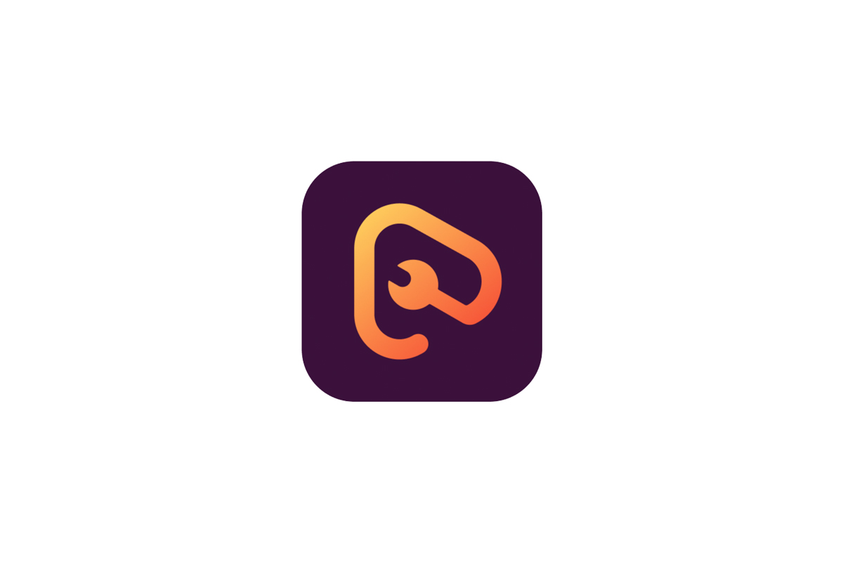 A Dark Purple Square App Icon Features An Abstract, Gradient Orange And Yellow Design Of A Stylized Wrench Forming The Shape Of A Lowercase Letter &Quot;P&Quot; Inside The Square.