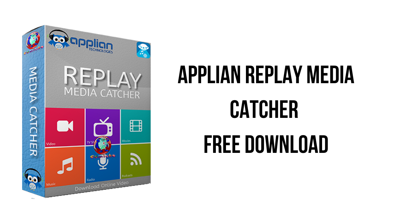 Image of the product packaging for Applian Technologies' Replay Media Catcher software. The box features icons for video, audio, music, and radio, along with text that states "Download Online Video." Beside the box, the text reads "Applian Replay Media Catcher Free Download from KhanPC.