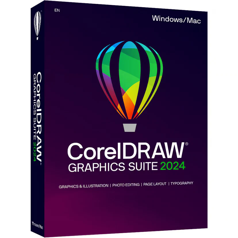 The image shows the box packaging of CorelDRAW Graphics Suite 2024. The front side displays a colorful hot air balloon logo with the text "CorelDRAW Graphics Suite 2024" below it, emphasizing compatibility with Windows and Mac systems. This latest edition highlights its seamless integration within the CorelDRAW Technical Suite.