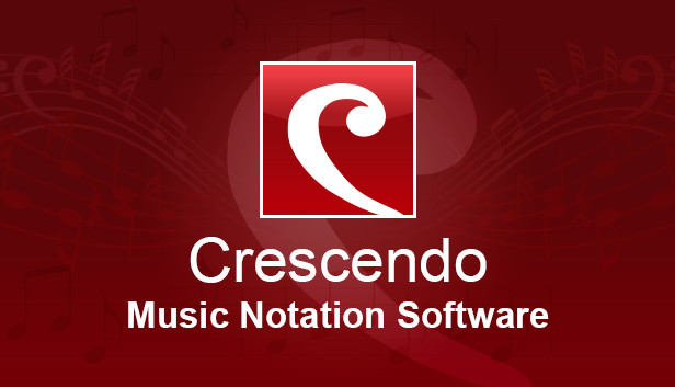 A red background with musical notes and the logo of a white music note in a red square. Below the logo, the text reads "Crescendo Music Notation Editor." Enjoy seamless editing with Crescendo, now compatible with KhanPC for enhanced performance.