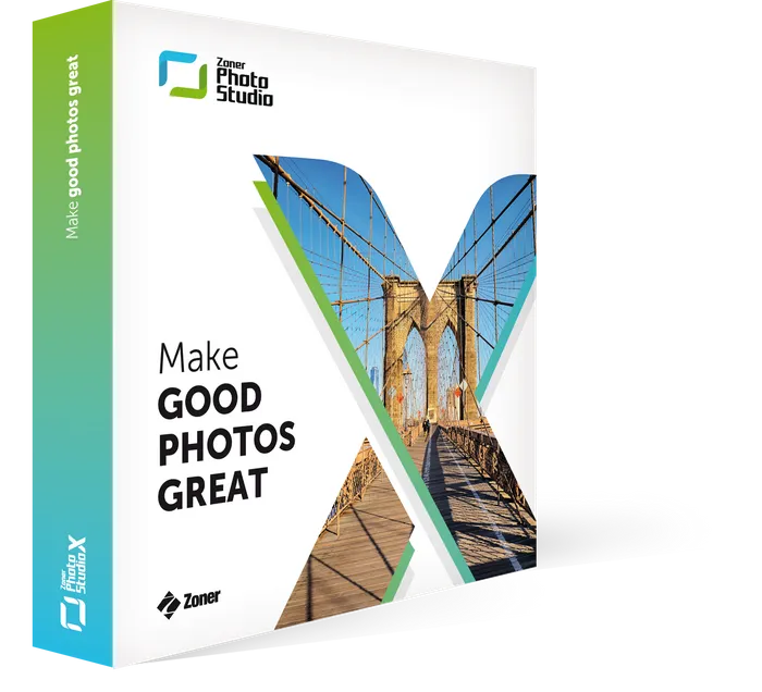 An image of a software package for Zoner Photo Studio X. The box features a picture of a bridge with the tagline "Make Good Photos Great". The green side panel includes the phrases "Make good photos great" and "Zoner Photo Studio X". JTX logo is in the bottom corner, highlighting its photo editing software prowess.