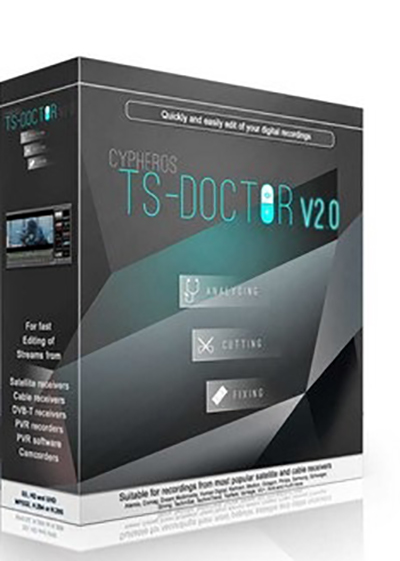 Image Of A Software Box For Cypheros Ts-Doctor V2.0 By Khanpc. The Design Is Predominantly Black And Grey With A Simple, Modern Layout. Key Features Listed Include Analyzing, Cutting, And Fixing Digital Recordings From Various Sources Like Satellite Receivers And Camcorders.