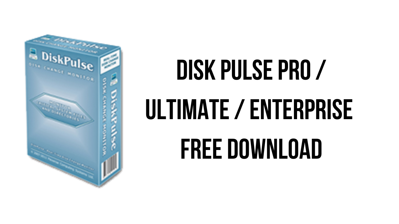 Image of a DiskPulse Pro software box on the left side, with the text "Disk Pulse Pro / Ultimate / Enterprise Free Download" on the right side against a white background. The software box features a blue and white color scheme with the DiskPulse logo. Available exclusively at KhanPC with an activator included.