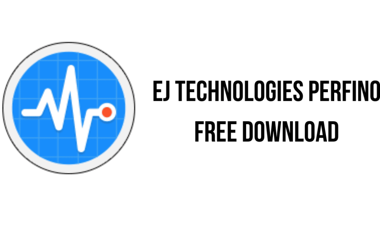 A blue circular icon with a white heartbeat line and a red dot on the right, accompanied by the text "EJ TECHNOLOGIES PERFINO FREE DOWNLOAD" on a plain white background.