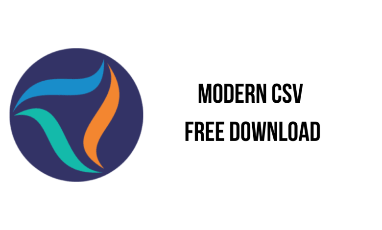 A dark blue circle with abstract green and orange swooshes on the left. The text on the right reads "MODERN CSV FREE DOWNLOAD" in bold, black letters against a white background.