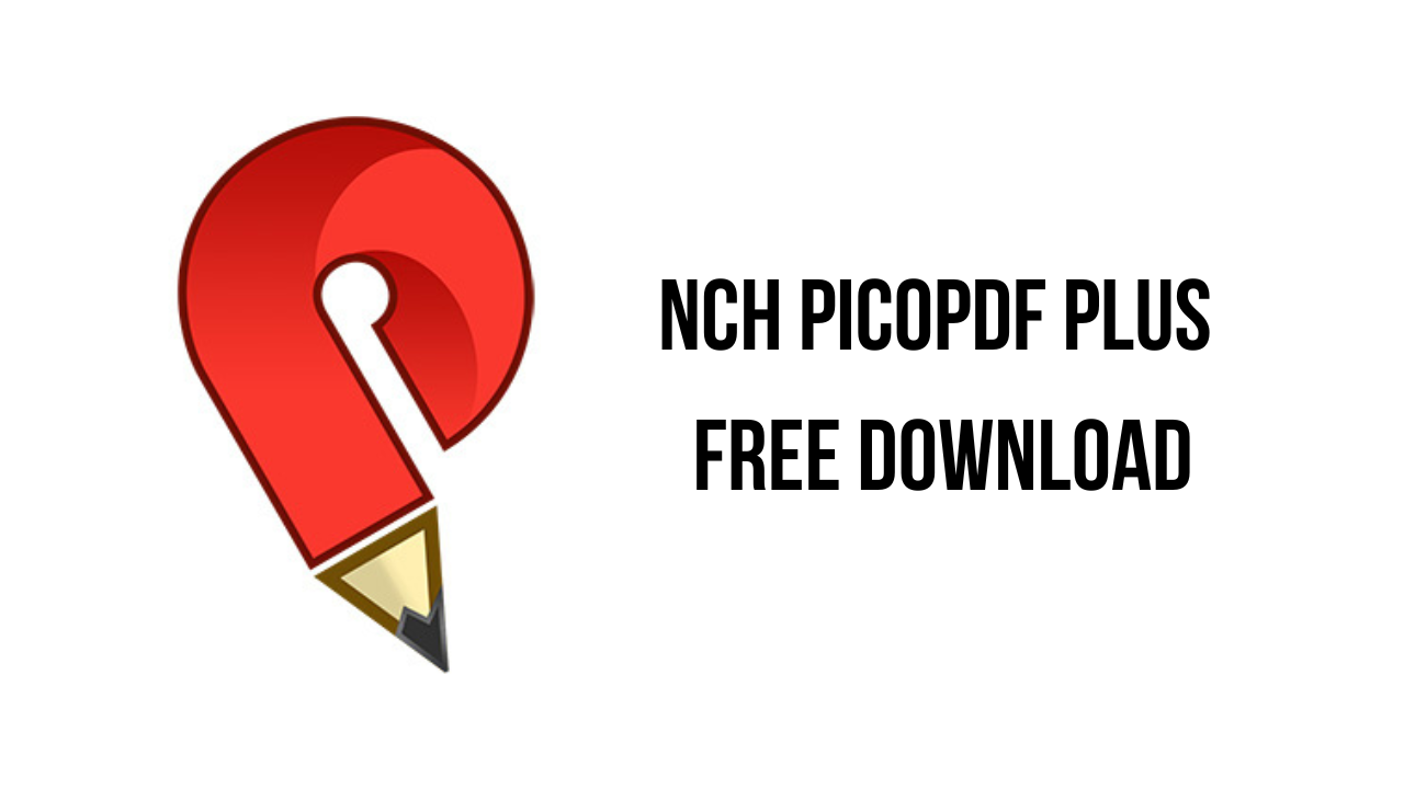 A pencil shaped like the letter "P" forms the logo of NCH PicoPDF Plus on the left side of the image. To the right, bold text reads "NCH PicoPDF Plus Free Download" on a plain white background, highlighting it as a must-have tool from KhanPC.