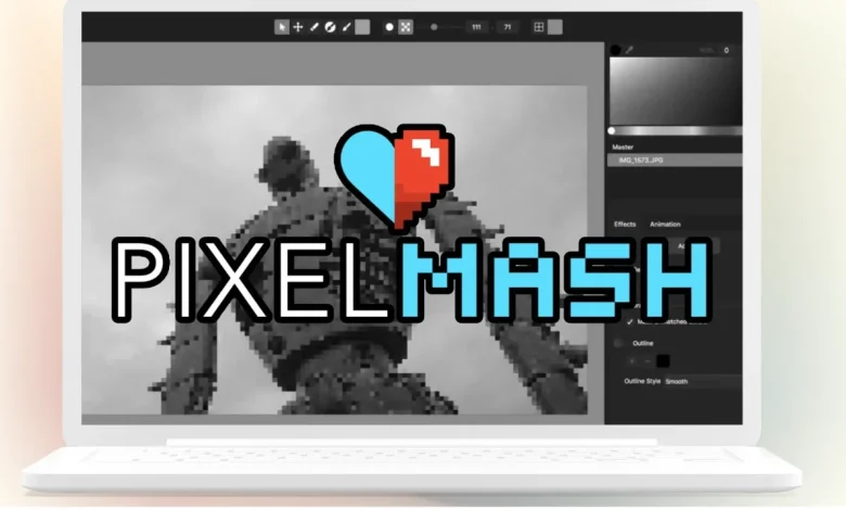 A laptop screen displays the Pixelmash software window. The application's interface shows a grayscale image of a large robot with various editing tools and options on the right side. Overlaid on the robot image is the Pixelmash logo featuring a heart icon.