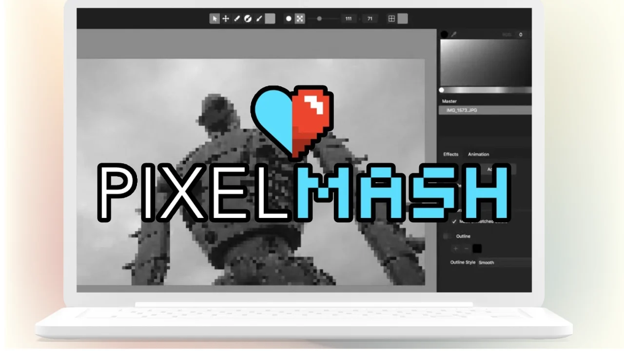 A Laptop Screen Displays The Pixelmash Software Window. The Application'S Interface Shows A Grayscale Image Of A Large Robot With Various Editing Tools And Options On The Right Side. Overlaid On The Robot Image Is The Pixelmash Logo Featuring A Heart Icon.