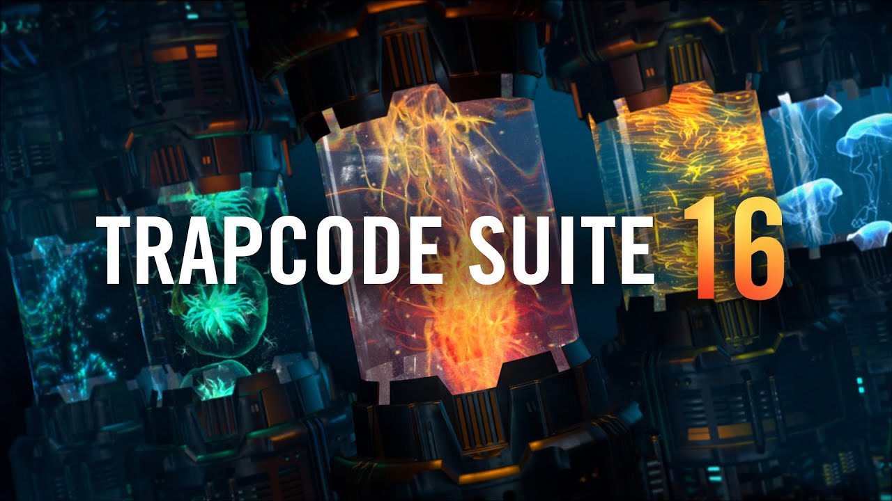 A Futuristic And Colorful Graphic Showcasing The Words &Quot;Red Giant Trapcode Suite 2024.2.2&Quot; In Bold Letters. The Background Features Intricately Detailed Cylindrical Containers With Vibrant, Abstract, And Glowing Particle Animations Inside, Evoking A High-Tech, Sci-Fi Aesthetic.