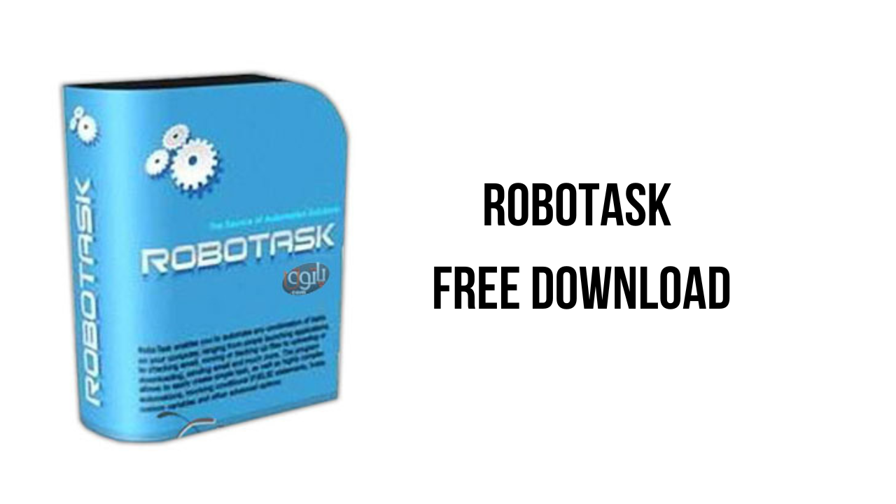 The image shows a blue software box with the label "ROBOTASK" alongside mechanical gear icons. The text on the right reads "RoboTask Free Download on KhanPC." The box appears to be standing on a white background.