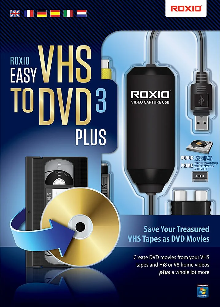 Promotional image for Roxio Easy VHS to DVD 3 Plus, featuring a video capture USB device, a VHS tape, and a gold DVD. Text highlights Roxio Easy VHS to DVD's purpose of converting VHS tapes to DVD movies, with additional features and flags of various countries at the top.