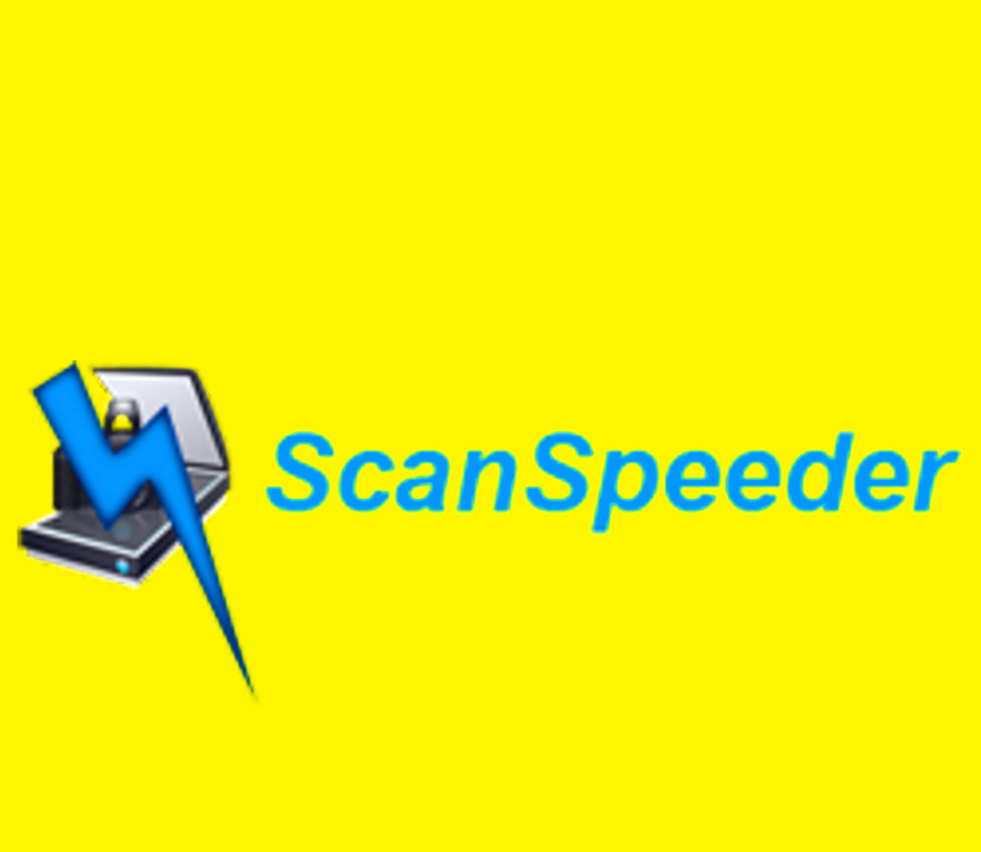 The image shows the ScanSpeeder Pro logo, with the name "ScanSpeeder" in blue text next to an icon of a scanner with a blue lightning bolt superimposed on it, all set against a bright yellow background.