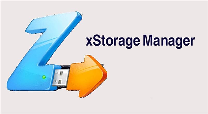 A stylized logo of the letter "Z" with a USB flash drive inserted into it is shown on the left. To the right, the text "xStorage Manager" is displayed in black font. The background is light gray.