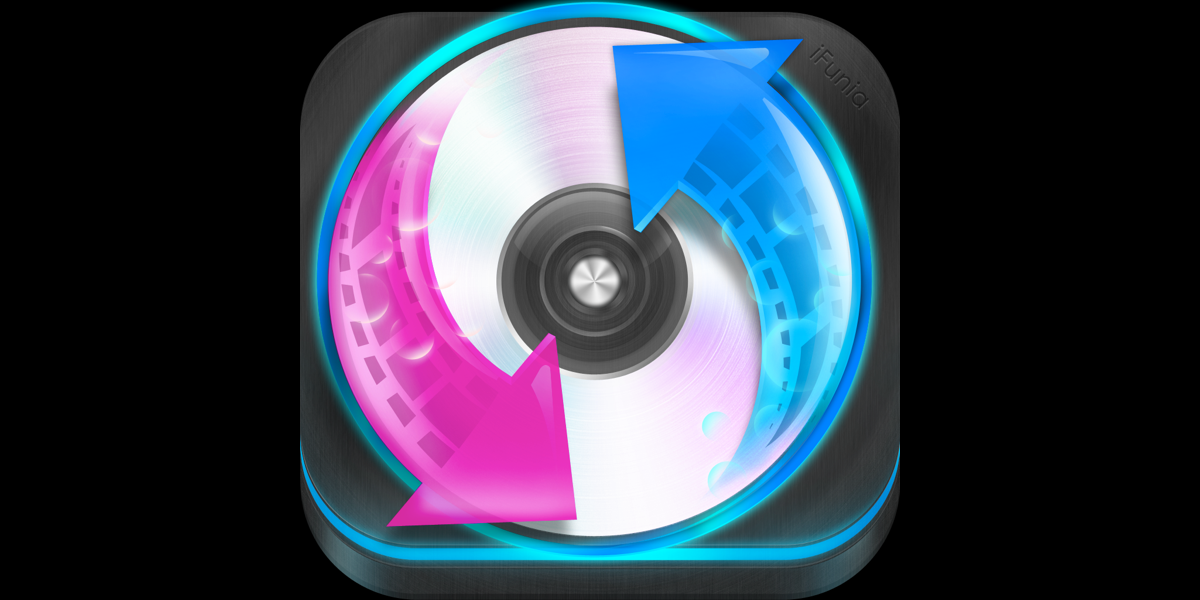 A stylized icon of a CD with a pink arrow curving from the left side and a blue arrow curving from the right side, forming a cycle. The disc and arrows are illuminated with a glowing neon effect, reminiscent of iFunia Video Converter's sleek interface.