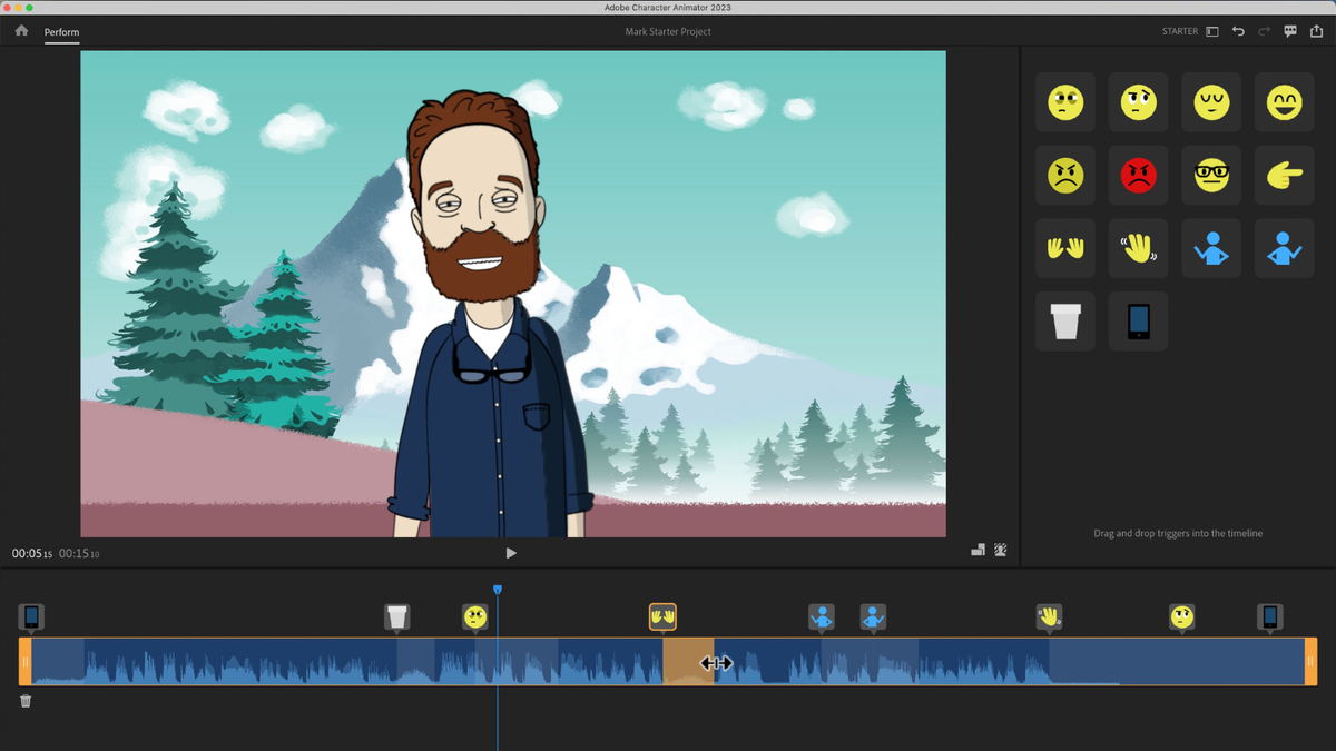 A screenshot of an animation software interface. The main window displays a cartoon man with a beard against a background of mountains and trees. The timeline at the bottom shows sound waves, and the right side has different emoji-like icons for expression.