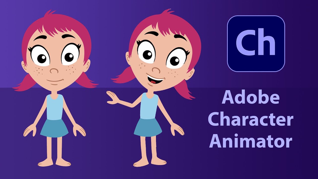 Illustration of a cartoon girl with red hair in pigtails, wearing a blue dress and barefoot, shown in two poses: one neutral and one smiling with a wave. The Adobe Character Animator logo and text "Adobe Character Animator" are shown to the right.