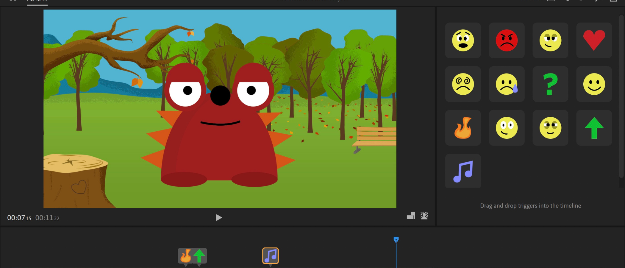 A cartoon red creature with big eyes and spikes, appearing in a green park with trees and a bench. The interface shows video editing tools, bear, heart, emoji, musical note, and a flame icon on the side. A river flows in the background near the trees.